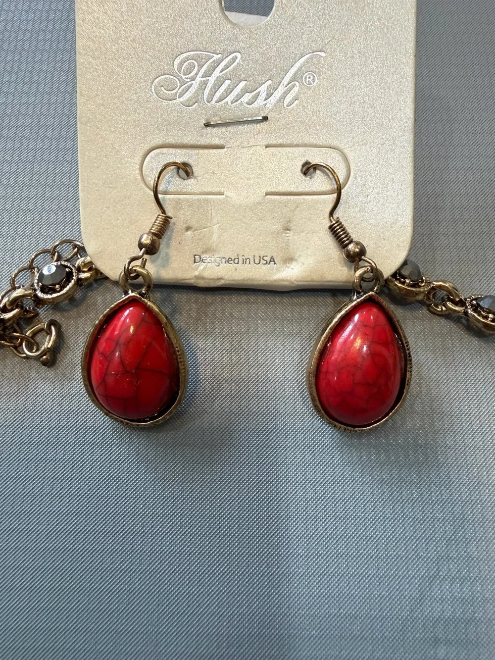 Gold-Tone Red Teardrop Necklace & Earring Set